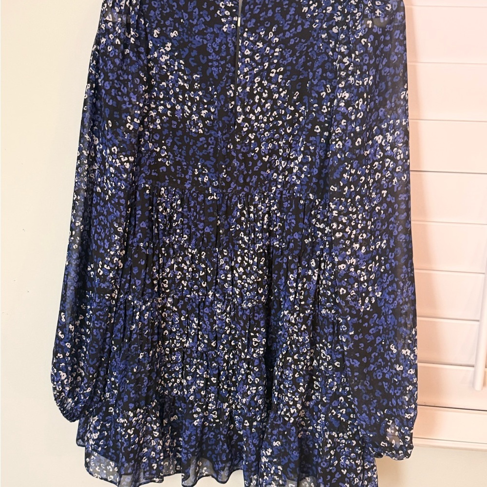 Ted Baker Black Blue Floral Mini Dress Small Long Sleeve V-Neck - Picture 8 of 8